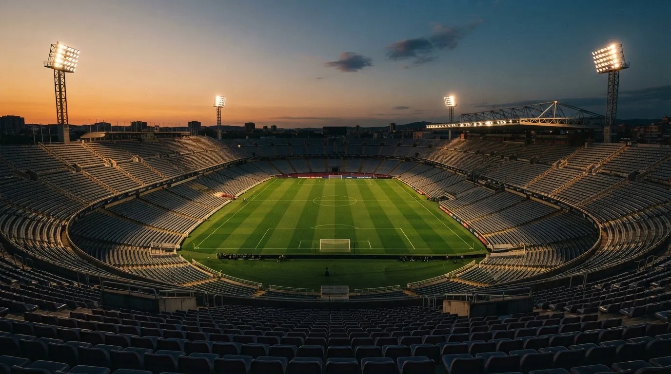 Un estadio de fútbol vacío con torres de iluminación al atardecer