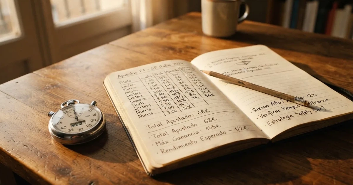 Un cuaderno abierto con un lápiz y un cronómetro sobre una mesa de madera