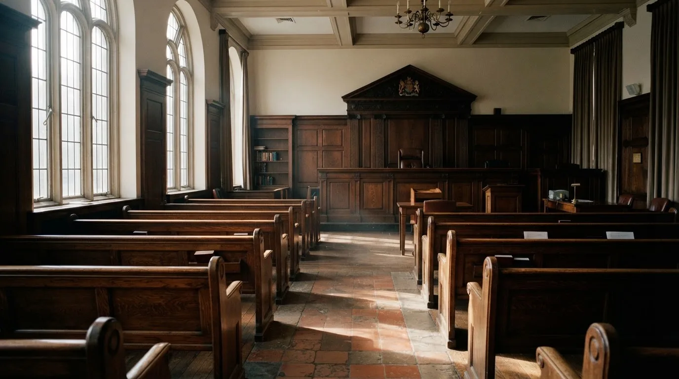 Una sala de tribunal vacía con bancos de madera a la luz de la mañana
