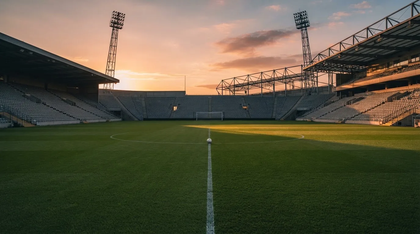 Un estadio de fútbol vacío con torres de iluminación al atardecer