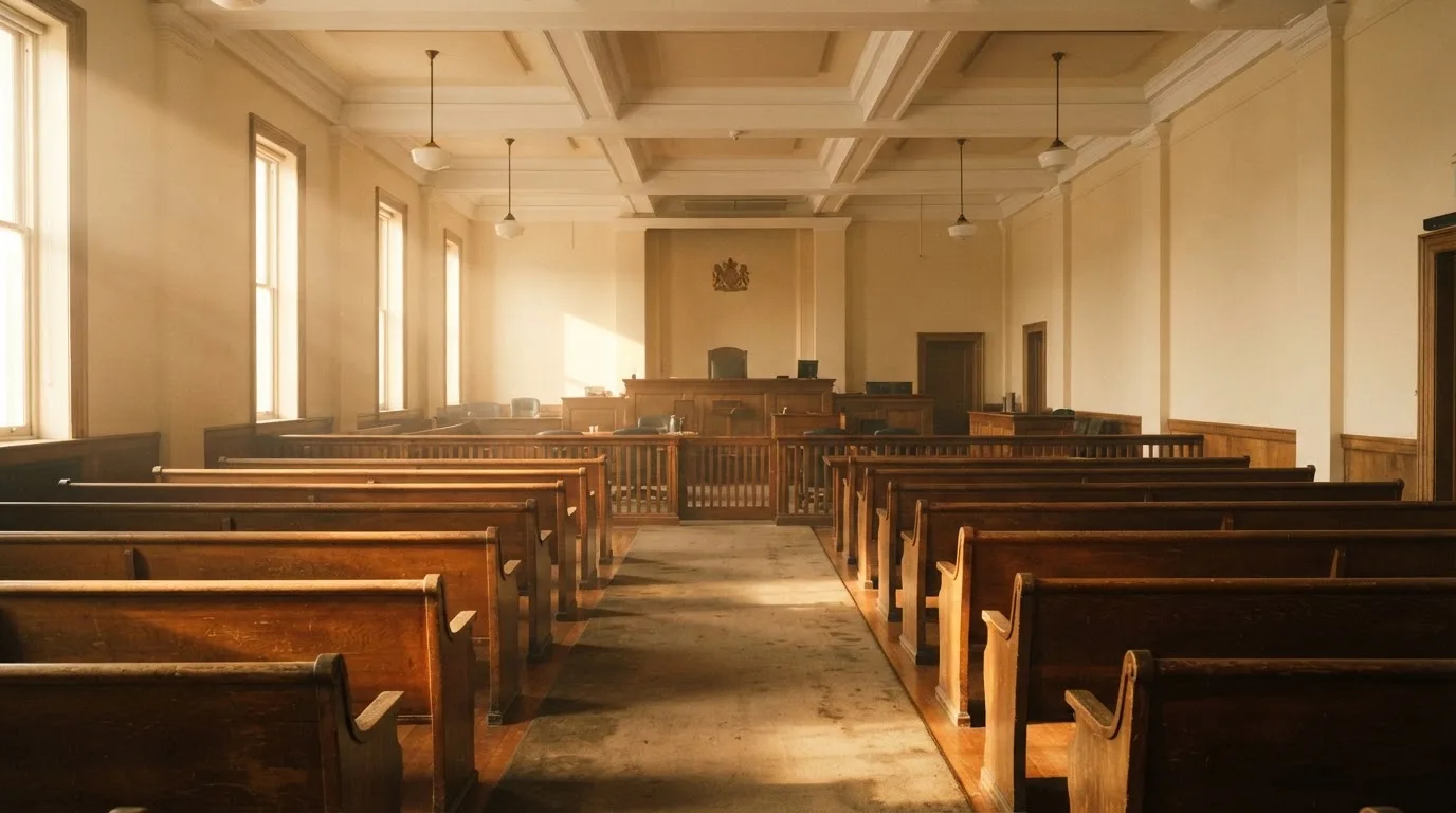 Una sala de tribunal vacía con bancos de madera a la luz de la mañana