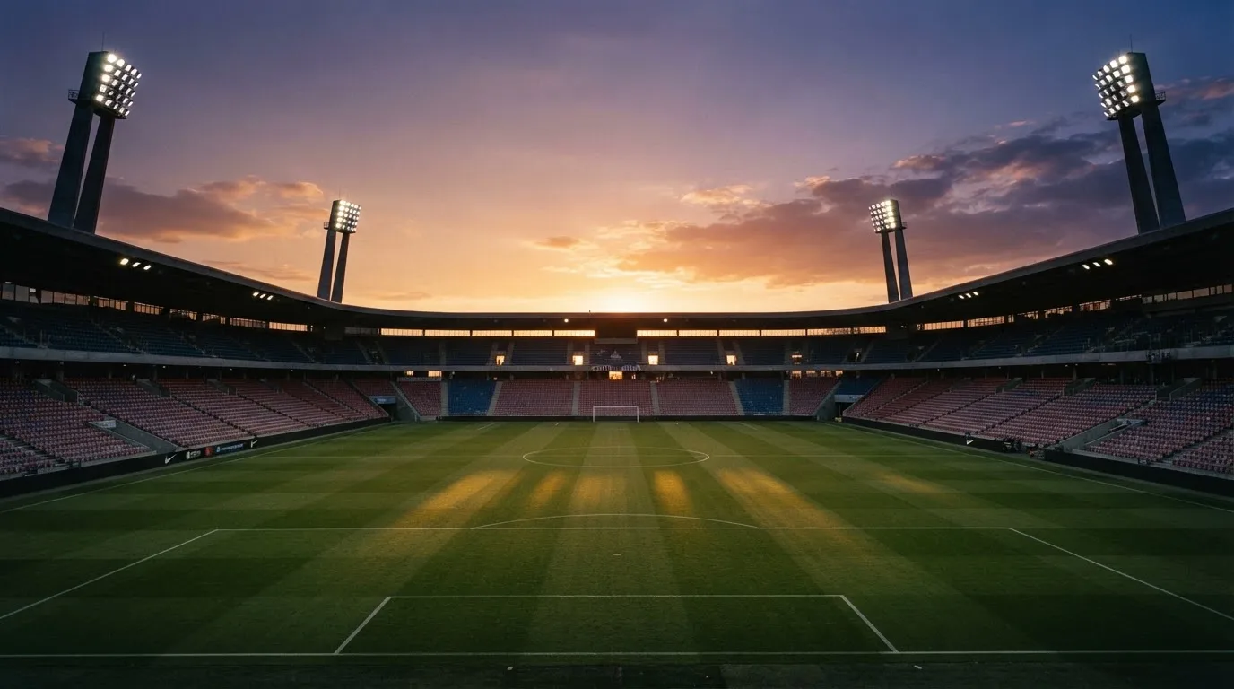 Un estadio de fútbol vacío con torres de iluminación al atardecer