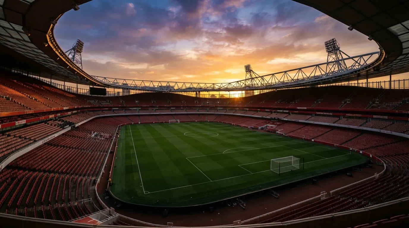 Un estadio de fútbol vacío con torres de iluminación al atardecer