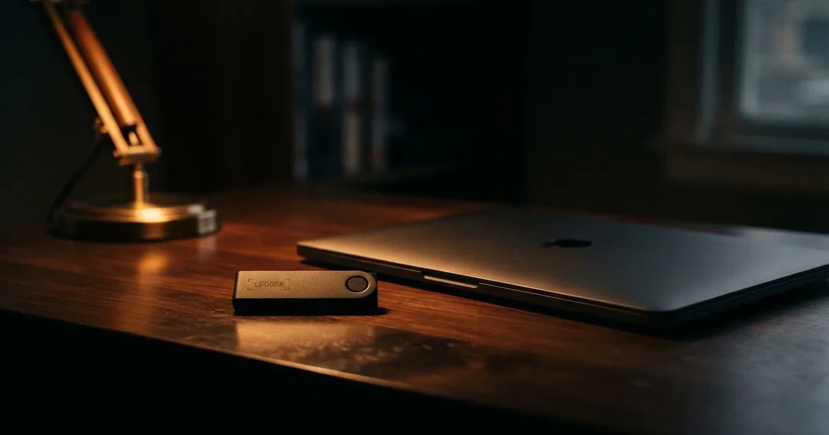 Un monedero físico de criptomonedas y un portátil cerrado sobre un escritorio con poca luz