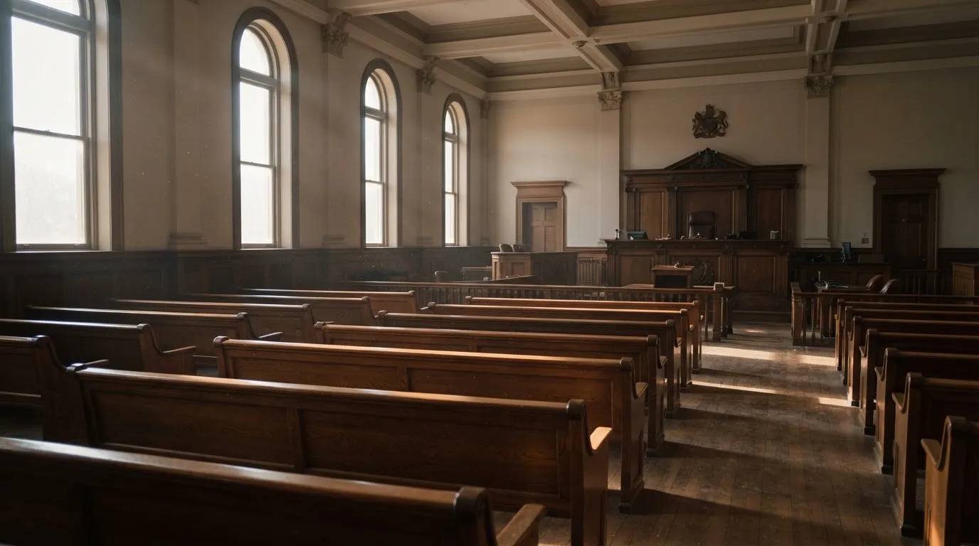 Una sala de tribunal vacía con bancos de madera a la luz de la mañana