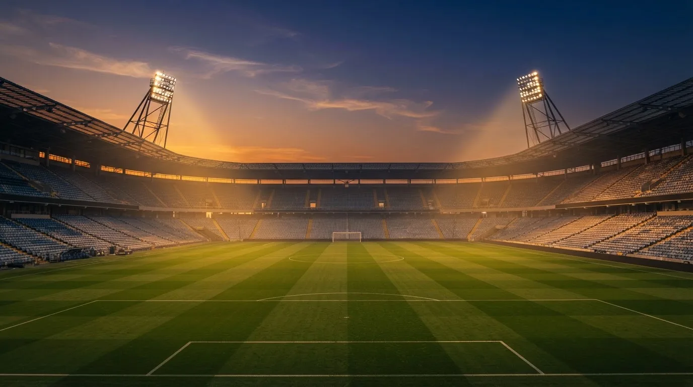 Un estadio de fútbol vacío con torres de iluminación al atardecer