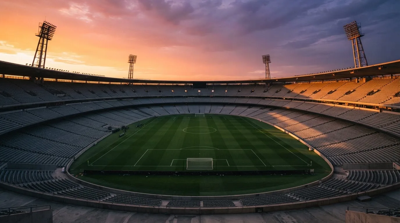 Un estadio de fútbol vacío con torres de iluminación al atardecer