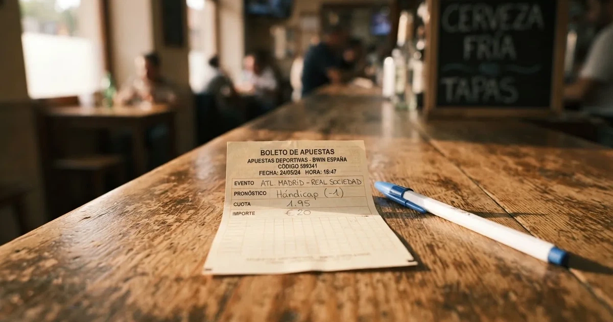 Un boleto de papel en blanco junto a un bolígrafo sobre un mostrador de madera