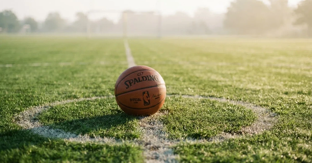 Un balón en el punto central de un campo de césped a la luz de la mañana