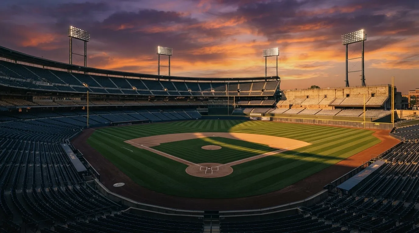 Un estadio de fútbol vacío con torres de iluminación al atardecer