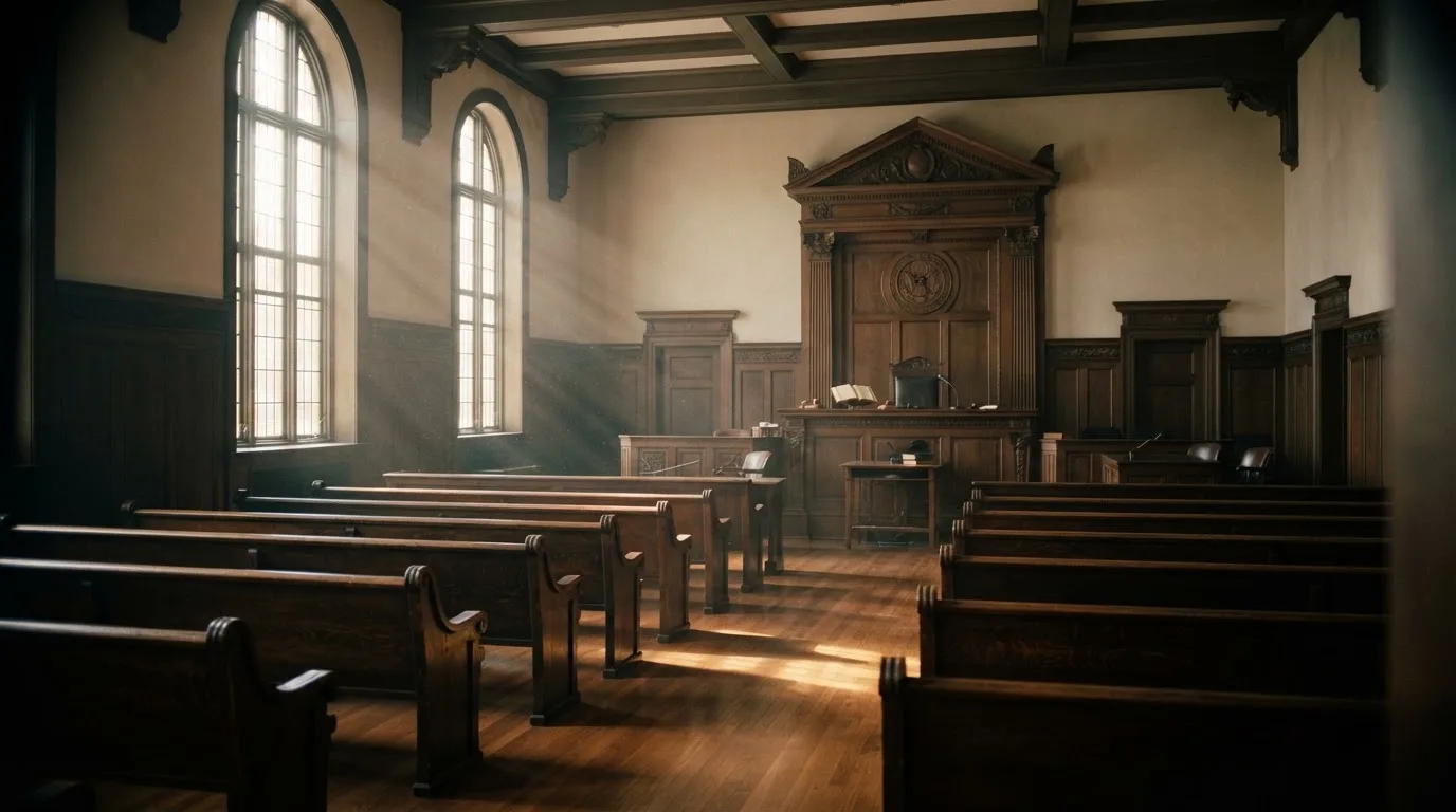 Una sala de tribunal vacía con bancos de madera a la luz de la mañana