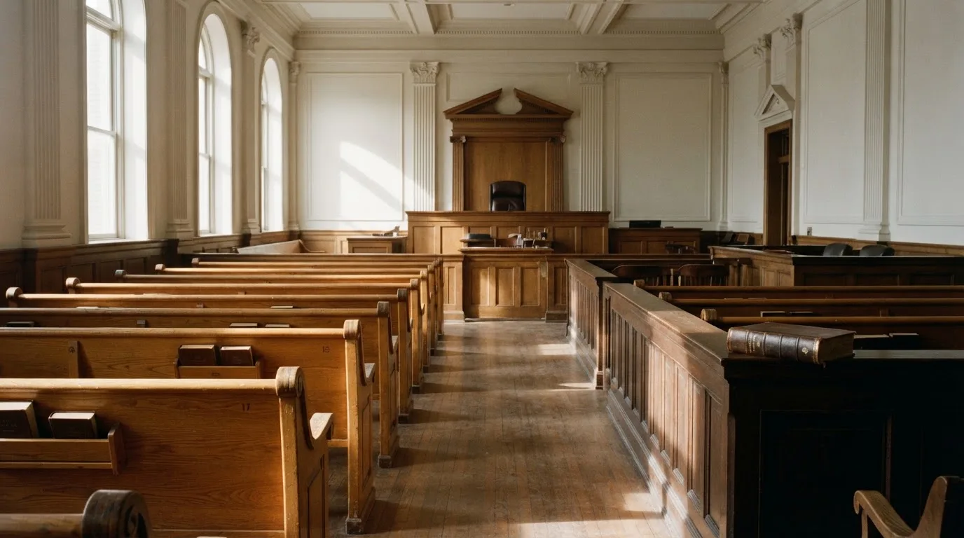 Una sala de tribunal vacía con bancos de madera a la luz de la mañana