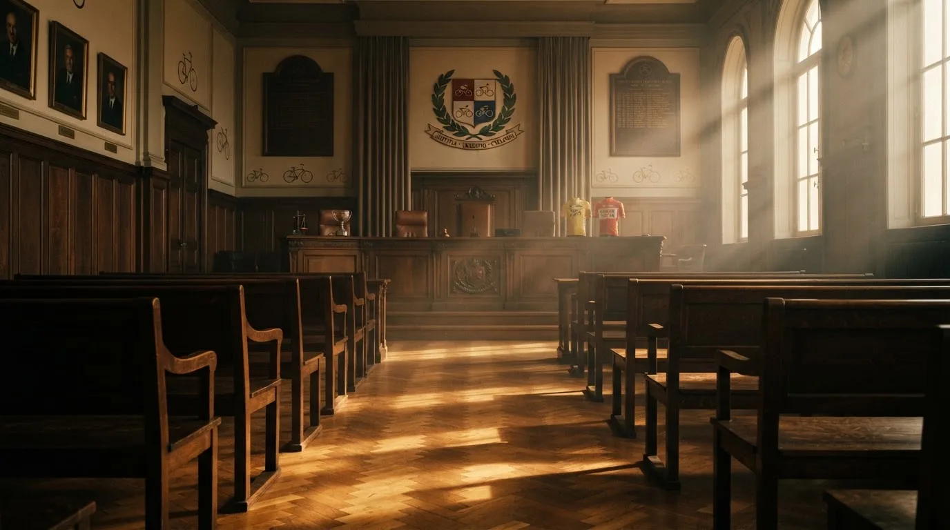 Una sala de tribunal vacía con bancos de madera a la luz de la mañana