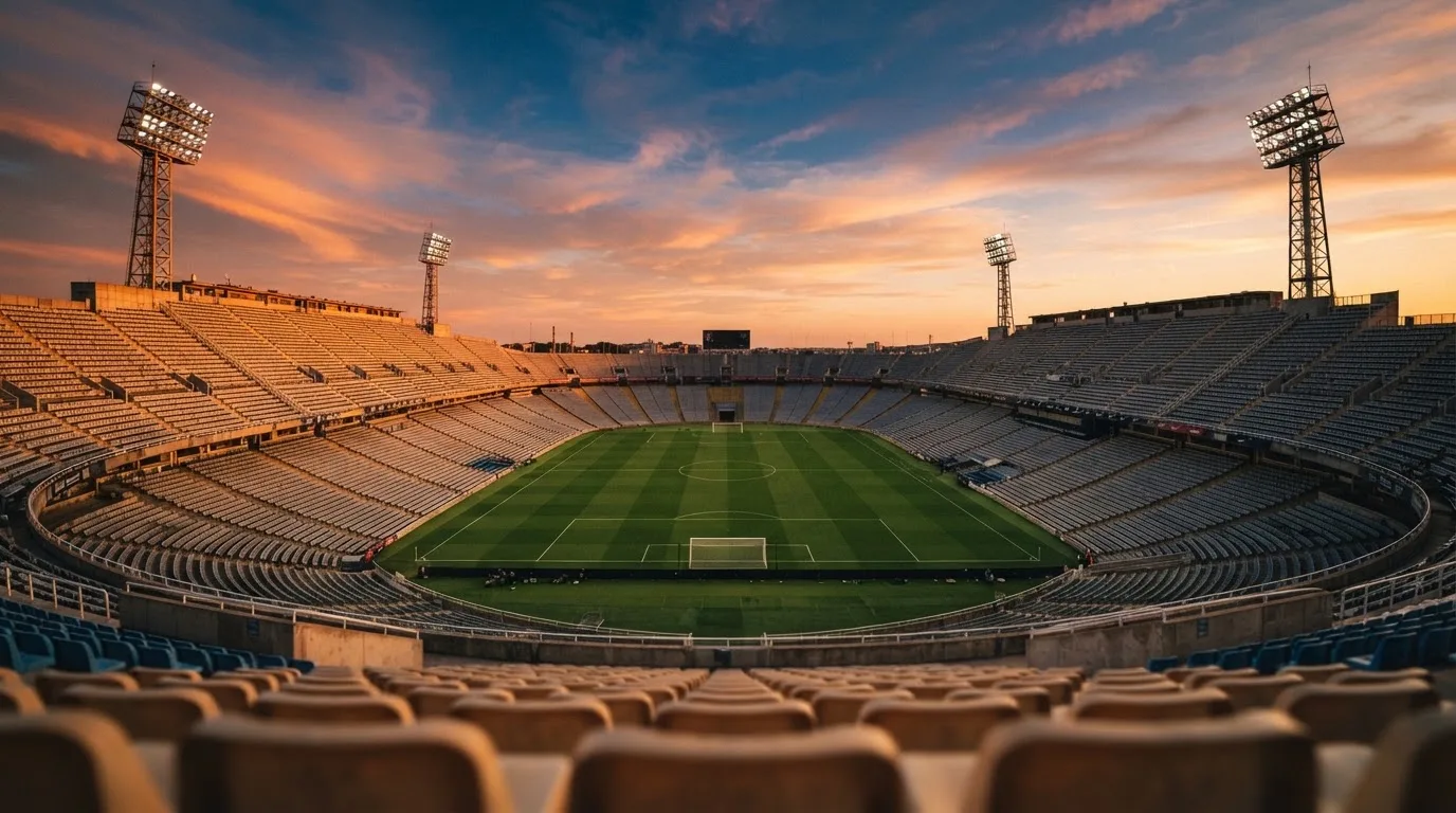 Un estadio de fútbol vacío con torres de iluminación al atardecer