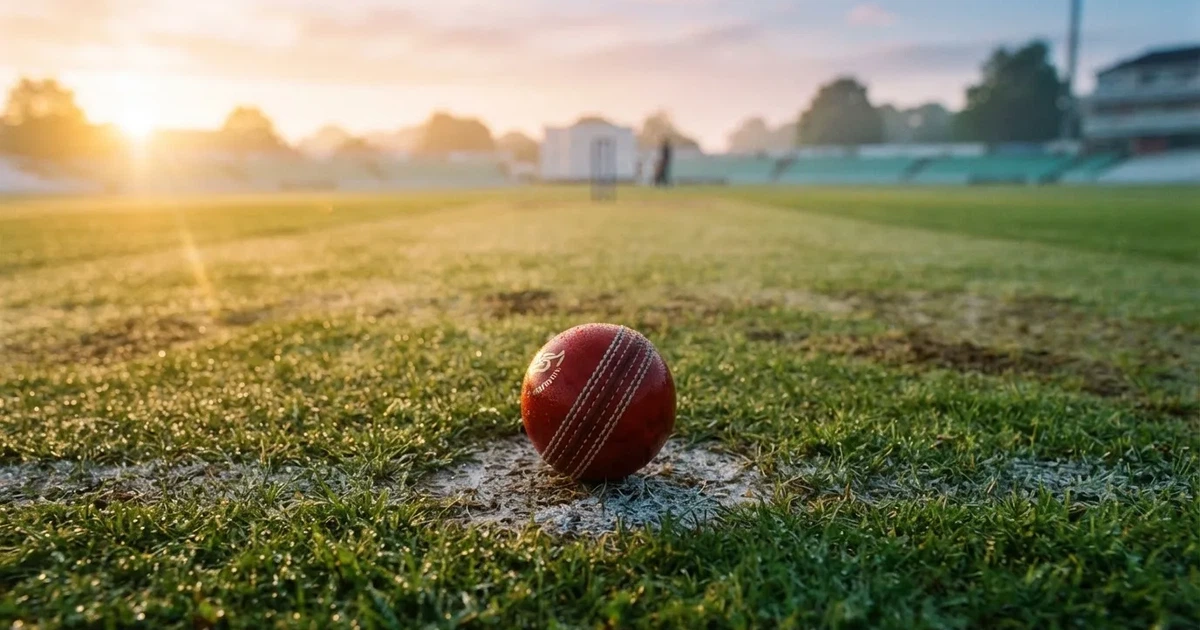 Un balón en el punto central de un campo de césped a la luz de la mañana