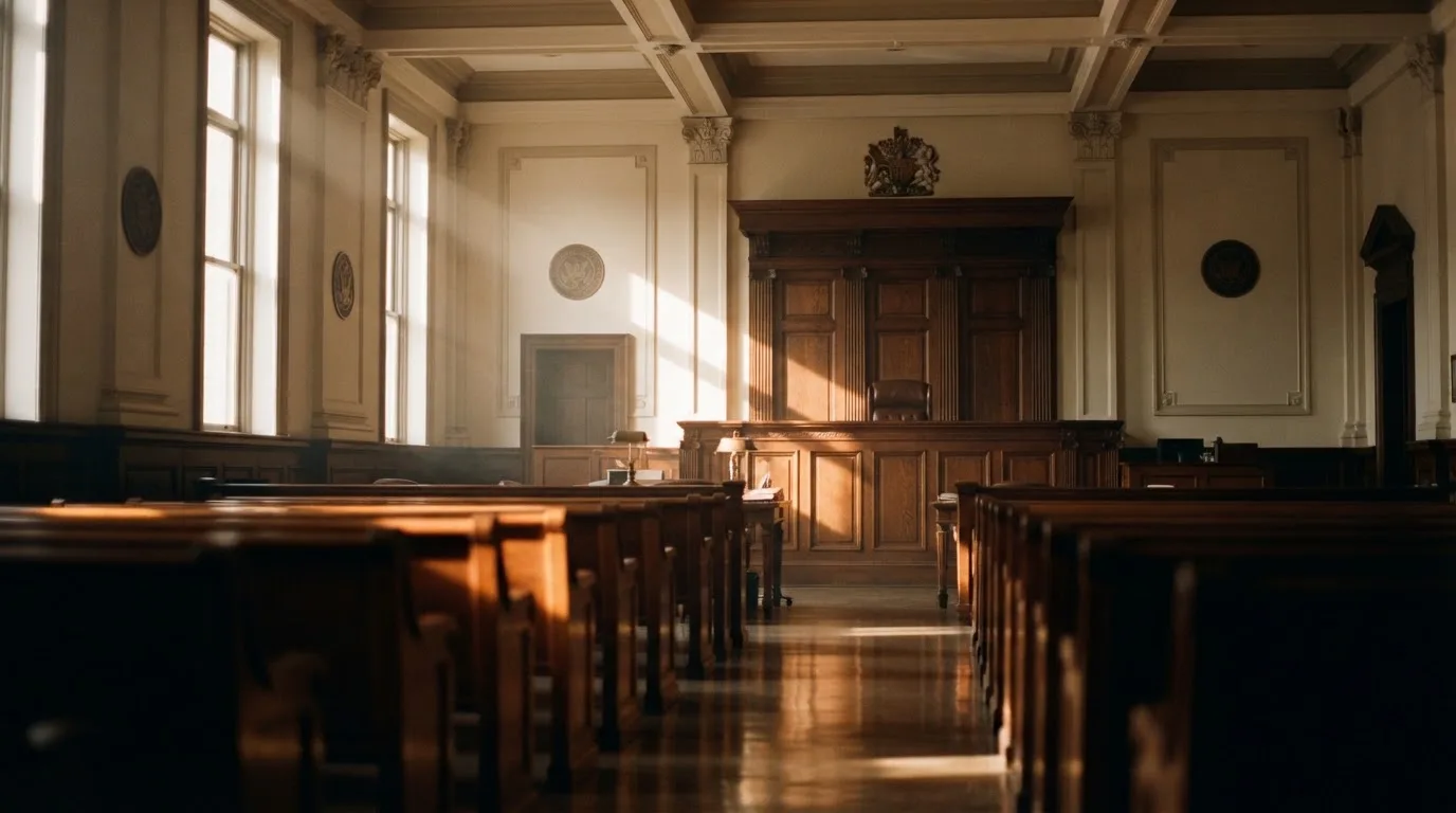 Una sala de tribunal vacía con bancos de madera a la luz de la mañana