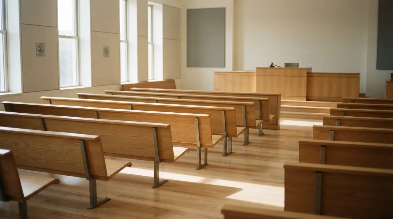 Una sala de tribunal vacía con bancos de madera a la luz de la mañana