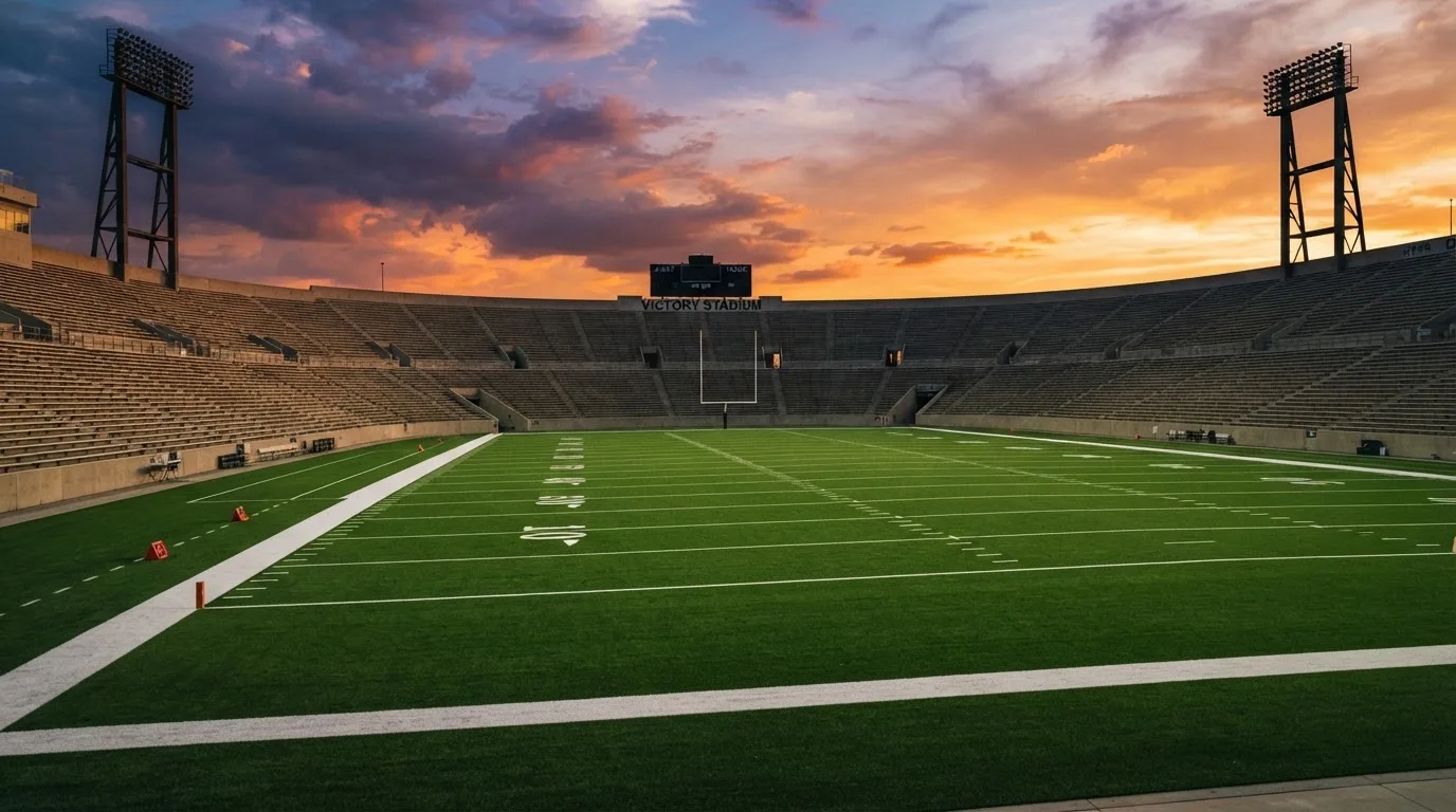 Un estadio de fútbol vacío con torres de iluminación al atardecer