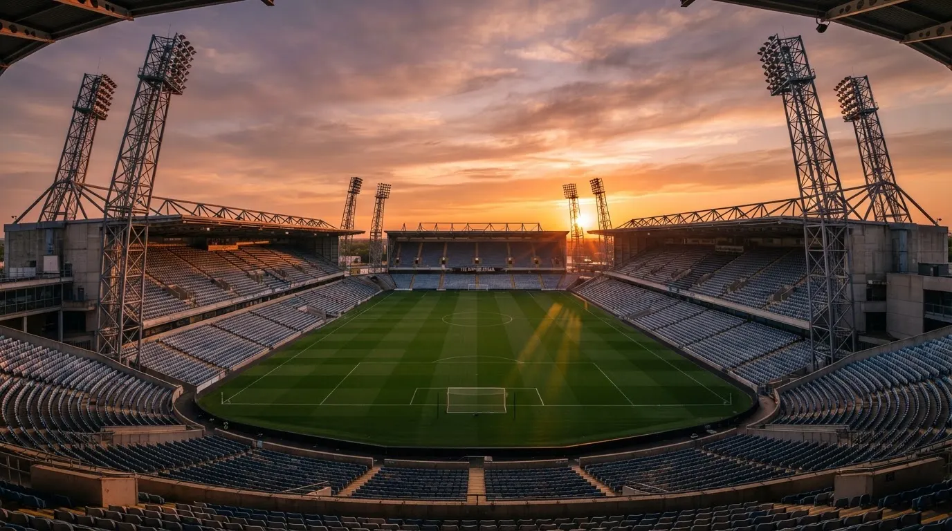Un estadio de fútbol vacío con torres de iluminación al atardecer