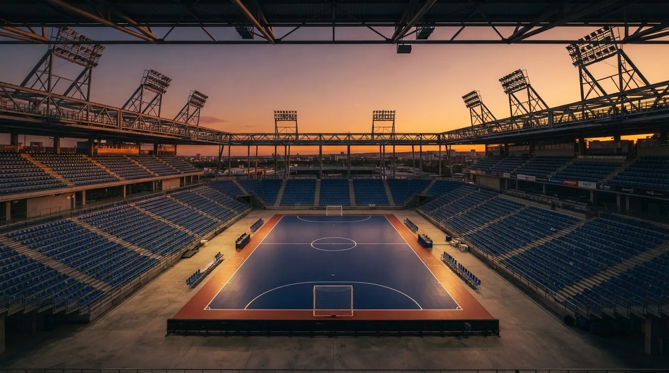 Un estadio de fútbol vacío con torres de iluminación al atardecer