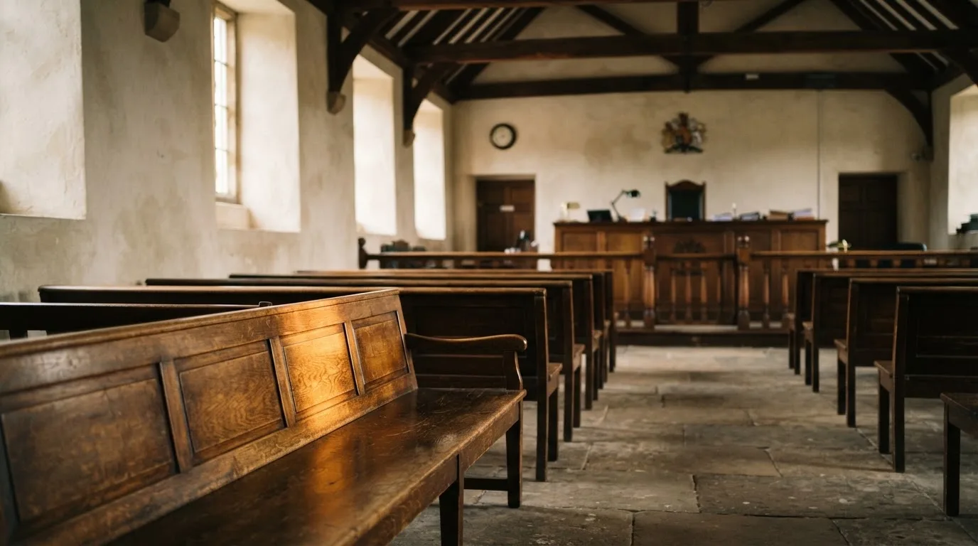 Una sala de tribunal vacía con bancos de madera a la luz de la mañana