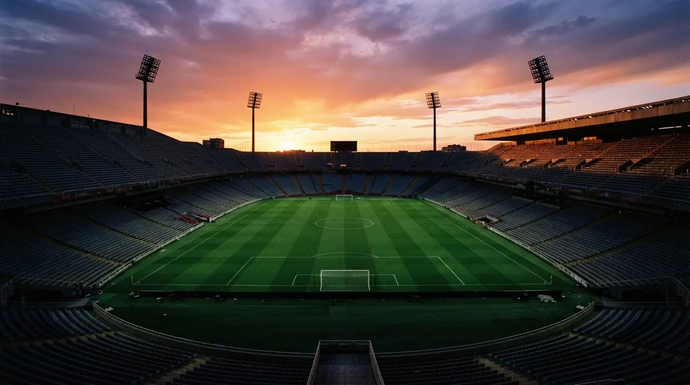 Un estadio de fútbol vacío con torres de iluminación al atardecer