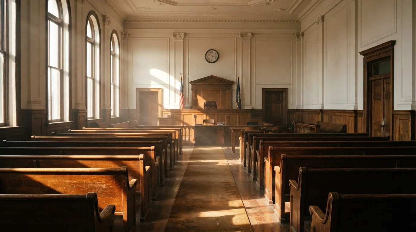 Una sala de tribunal vacía con bancos de madera a la luz de la mañana