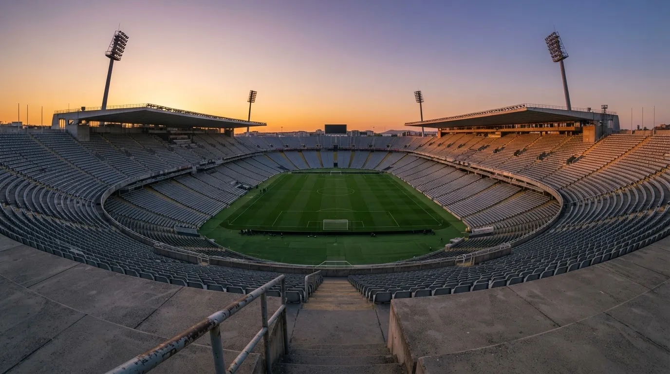 Un estadio de fútbol vacío con torres de iluminación al atardecer