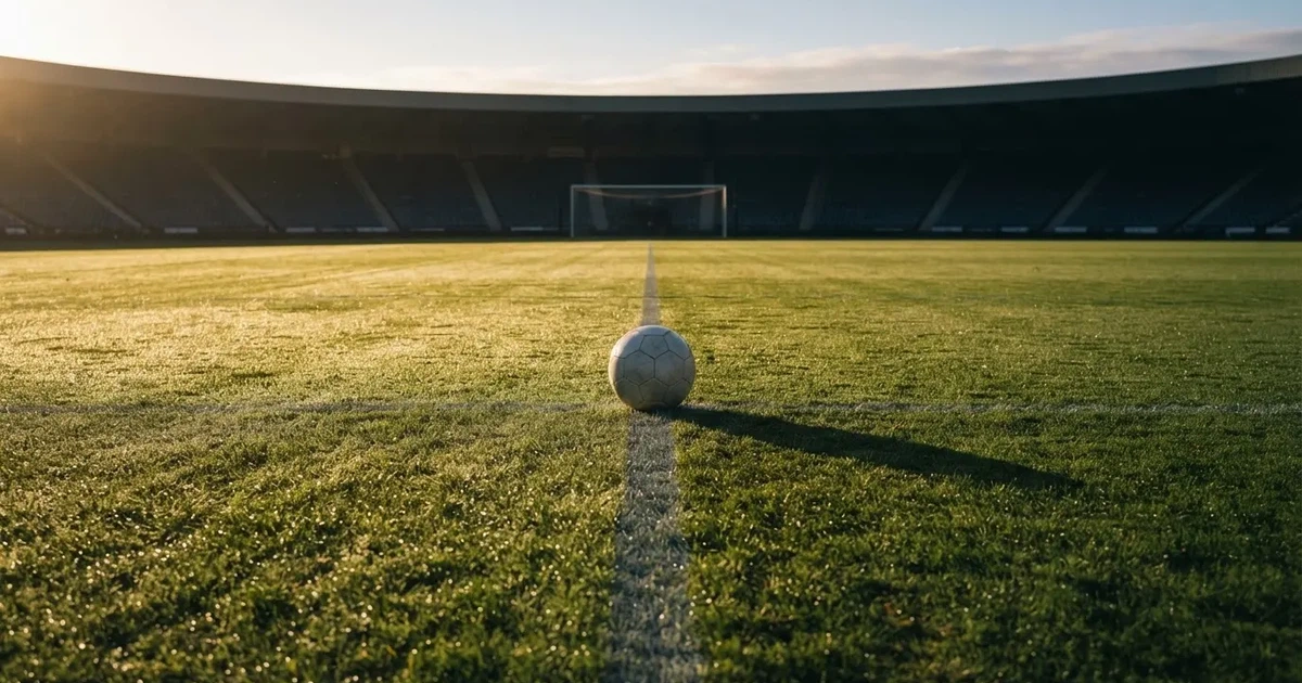 Un balón en el punto central de un campo de césped a la luz de la mañana
