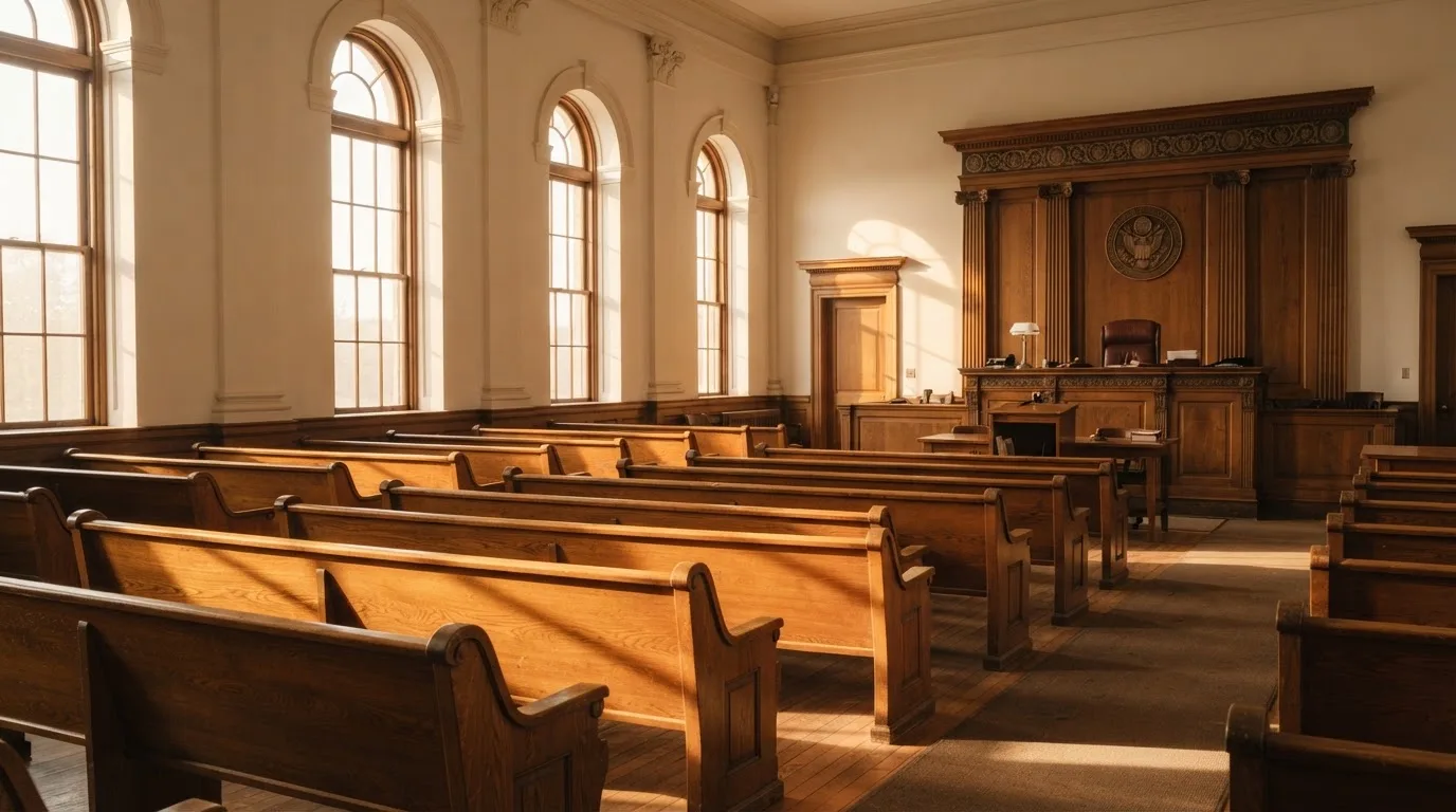 Una sala de tribunal vacía con bancos de madera a la luz de la mañana