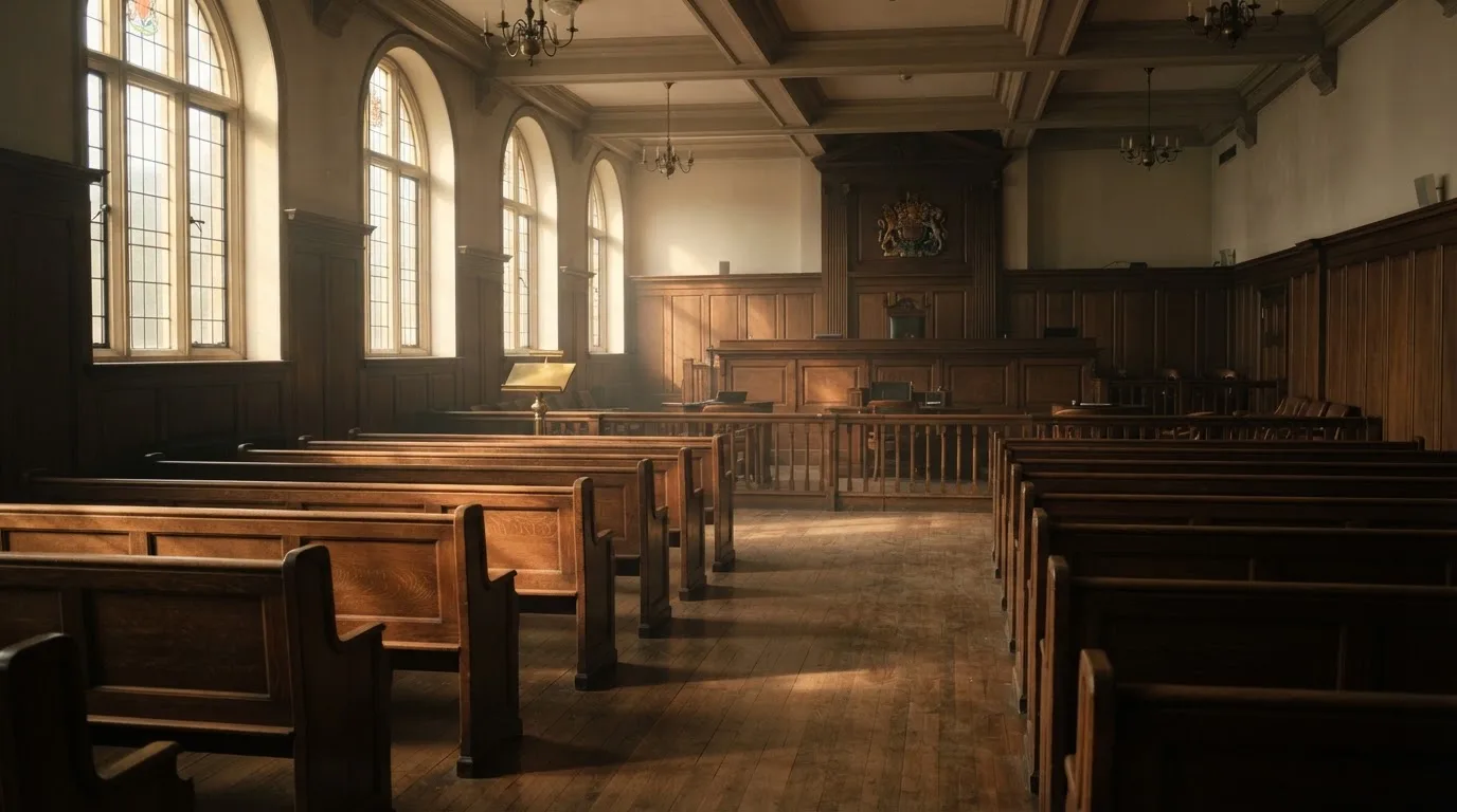 Una sala de tribunal vacía con bancos de madera a la luz de la mañana