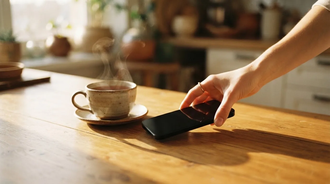 Una mano deja un móvil junto a una taza de té sobre la mesa de la cocina, una tarde tranquila