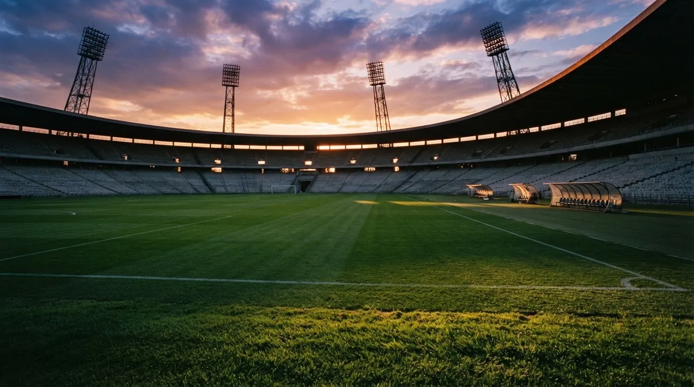Un estadio de fútbol vacío con torres de iluminación al atardecer