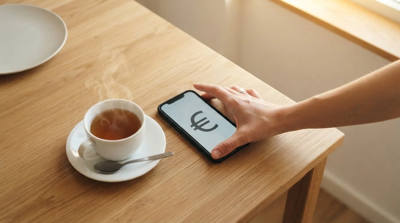 Una mano deja un móvil junto a una taza de té sobre la mesa de la cocina, una tarde tranquila