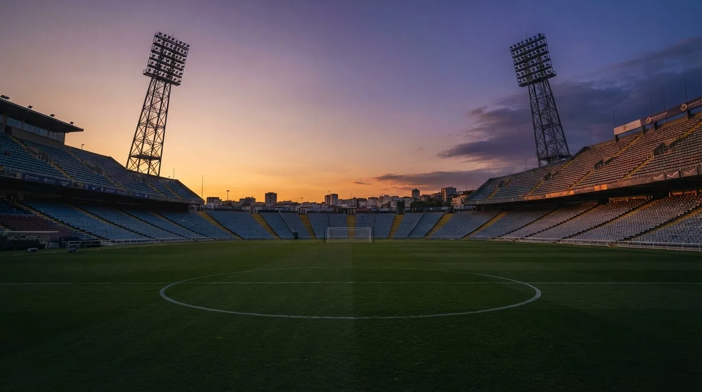 Un estadio de fútbol vacío con torres de iluminación al atardecer