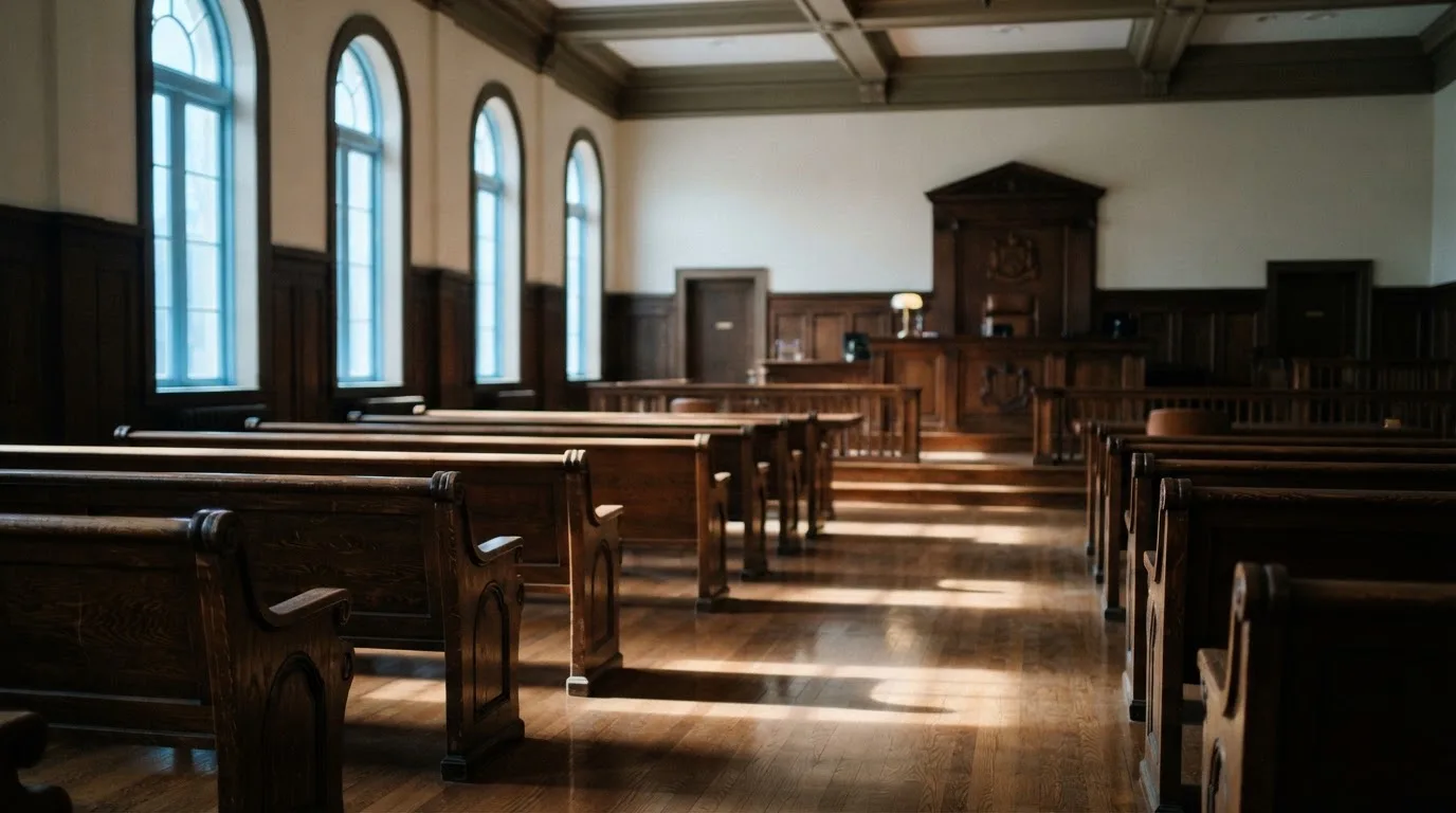 Una sala de tribunal vacía con bancos de madera a la luz de la mañana