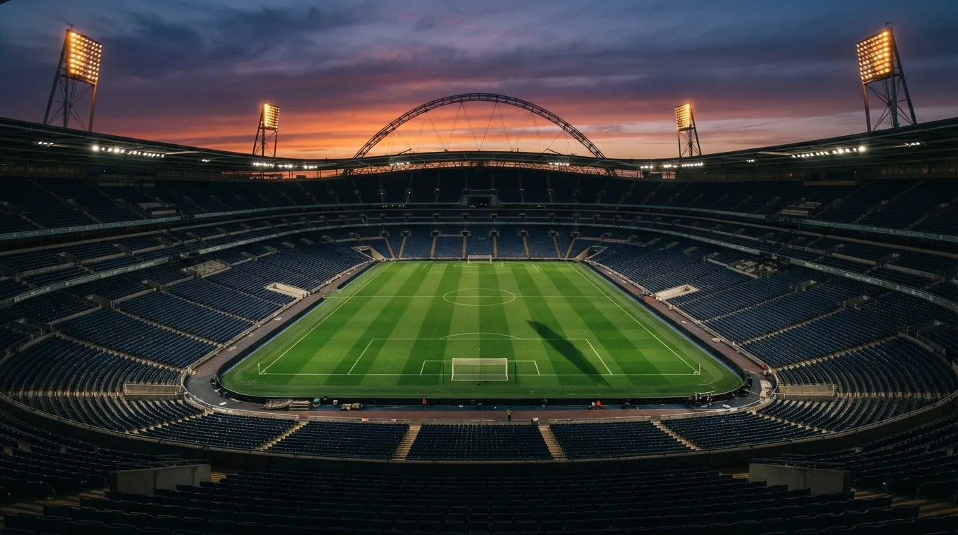 Un estadio de fútbol vacío con torres de iluminación al atardecer