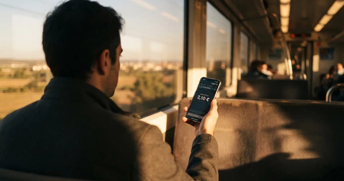 Una mano sostiene un móvil en el tren por la tarde, con la pantalla girada