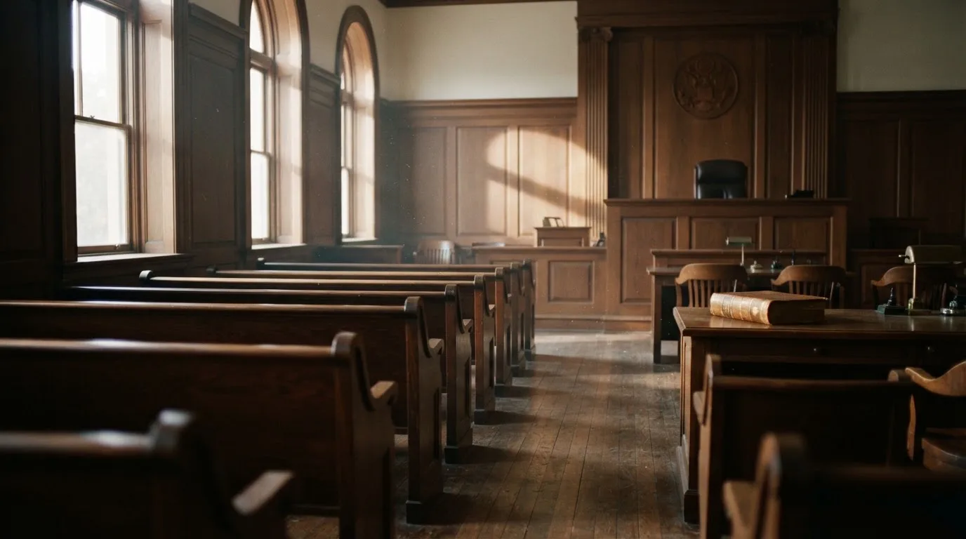 Una sala de tribunal vacía con bancos de madera a la luz de la mañana
