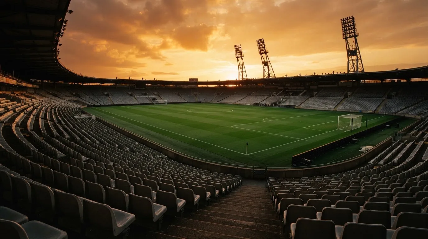 Un estadio de fútbol vacío con torres de iluminación al atardecer