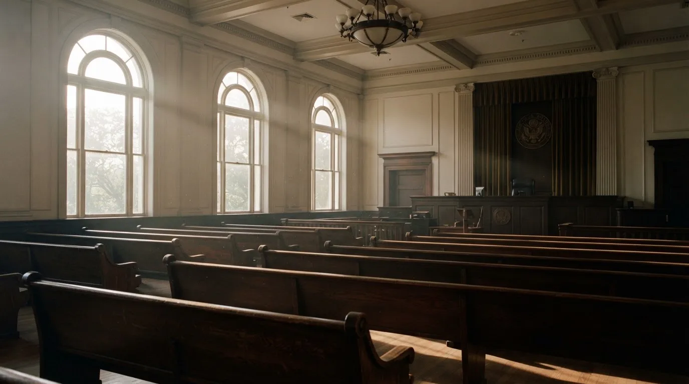 Una sala de tribunal vacía con bancos de madera a la luz de la mañana