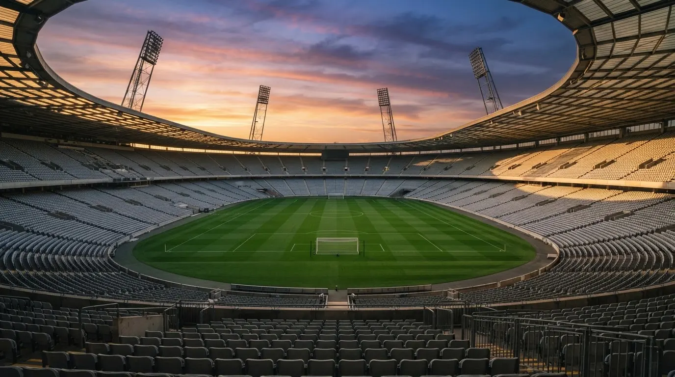 Un estadio de fútbol vacío con torres de iluminación al atardecer