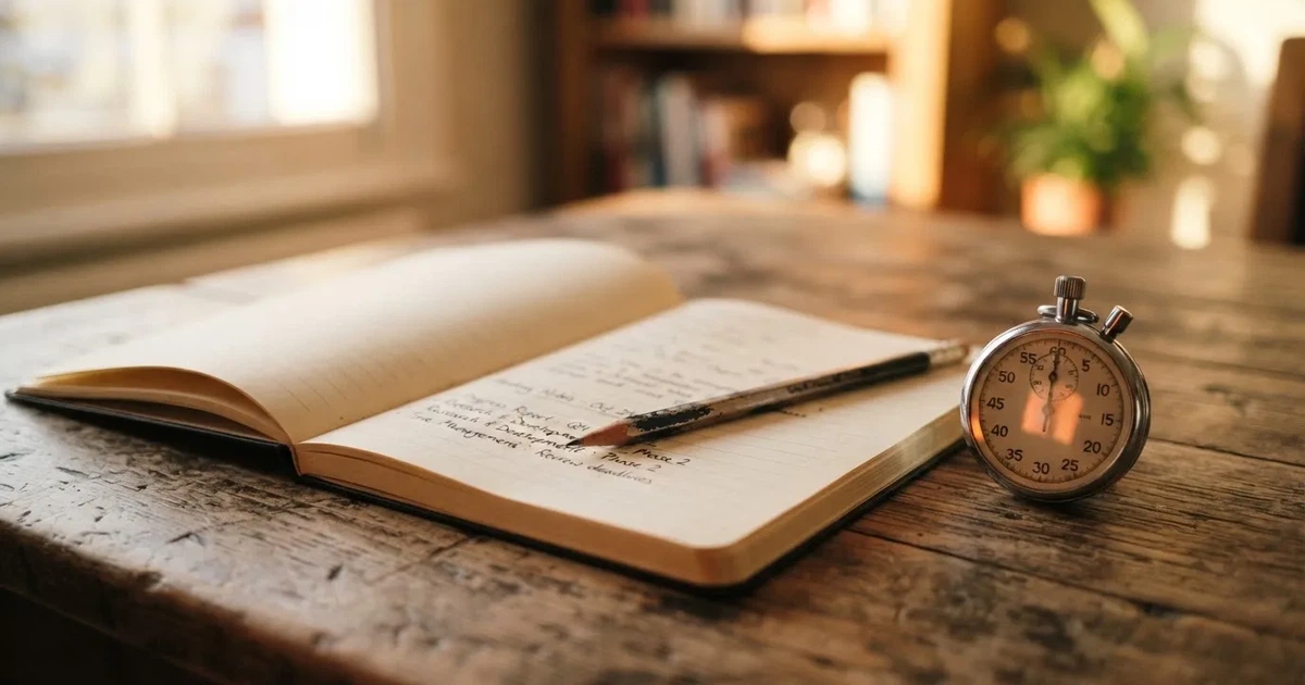 Un cuaderno abierto con un lápiz y un cronómetro sobre una mesa de madera