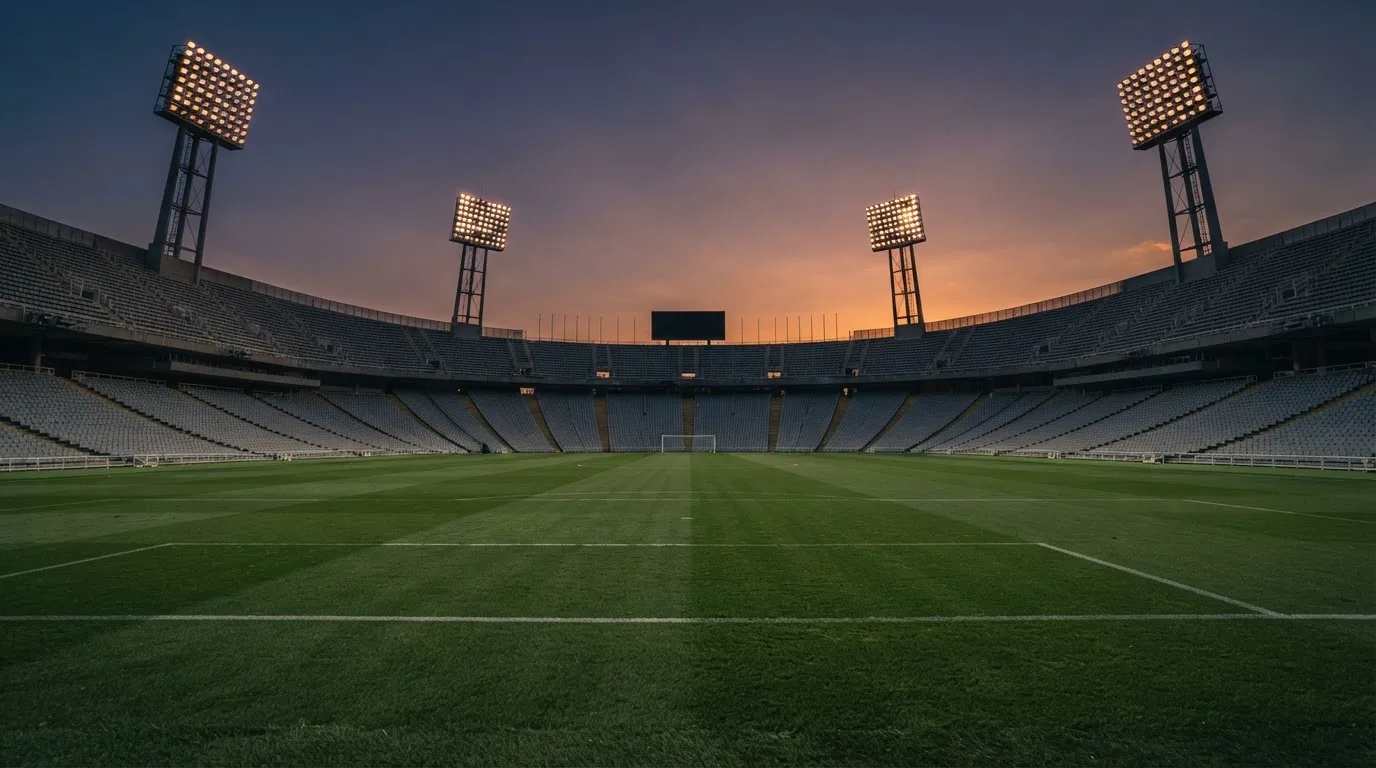 Un estadio de fútbol vacío con torres de iluminación al atardecer