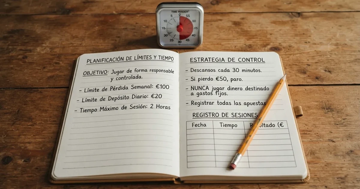 Un cuaderno abierto con un lápiz y un cronómetro sobre una mesa de madera