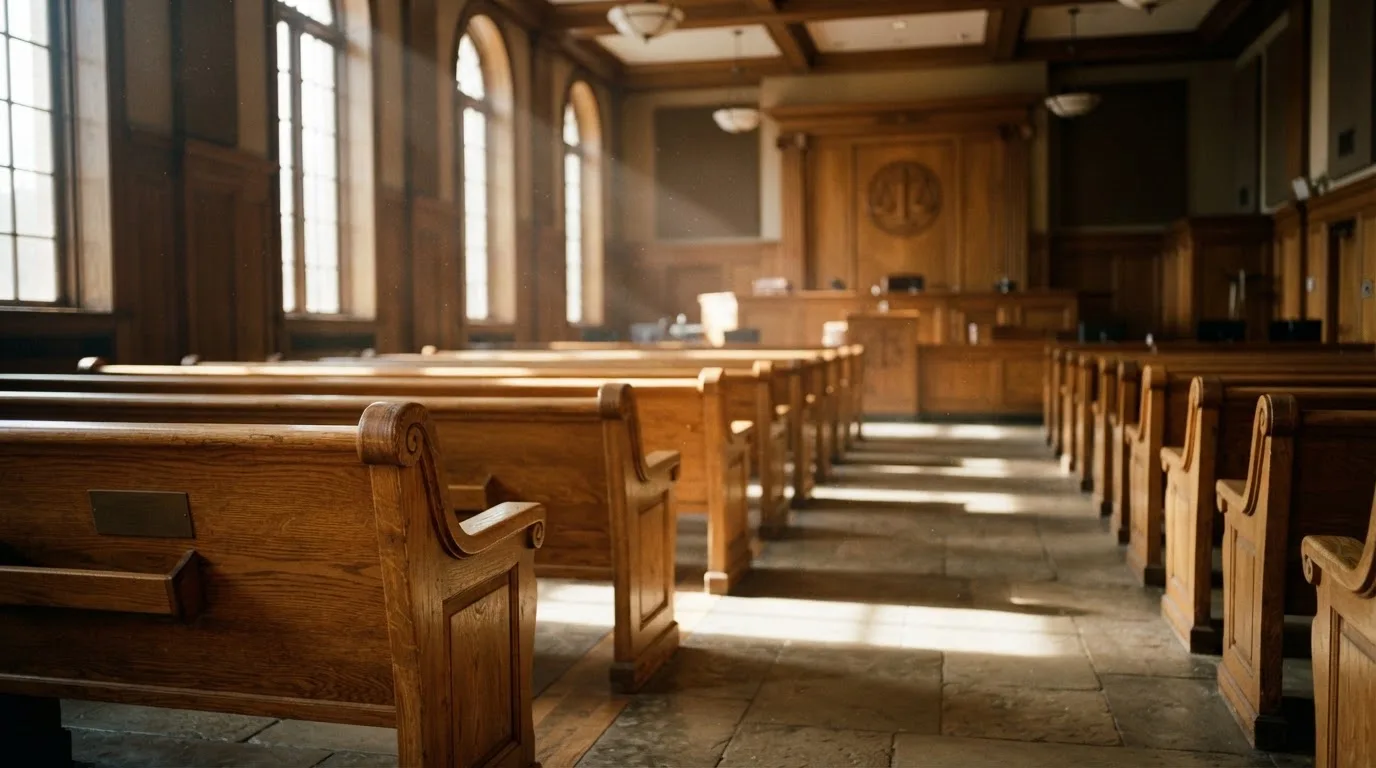 Una sala de tribunal vacía con bancos de madera a la luz de la mañana