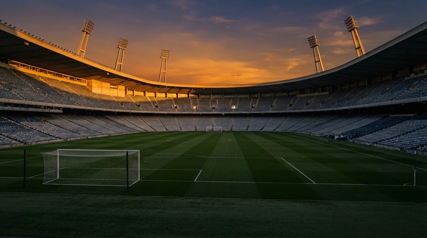 Un estadio de fútbol vacío con torres de iluminación al atardecer