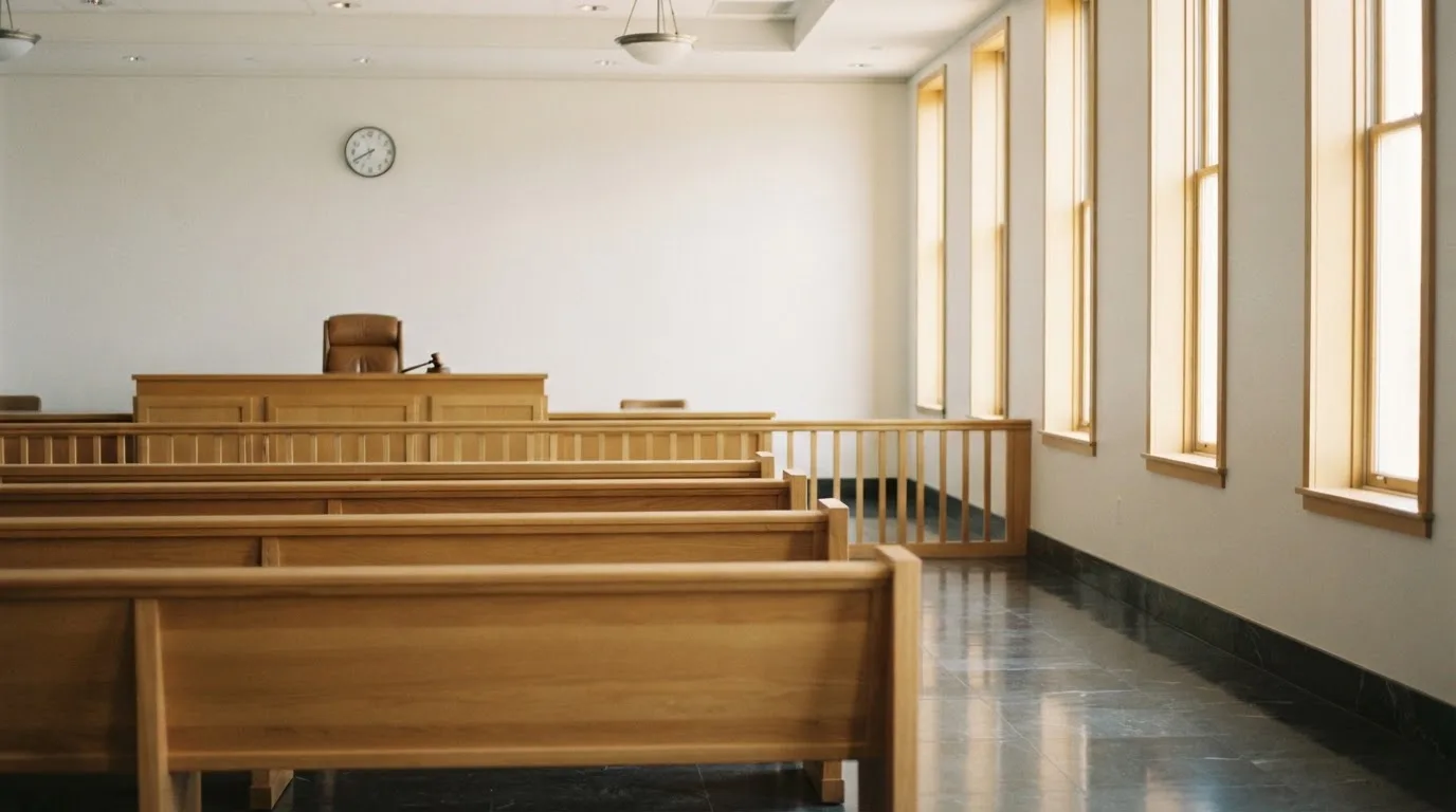 Una sala de tribunal vacía con bancos de madera a la luz de la mañana