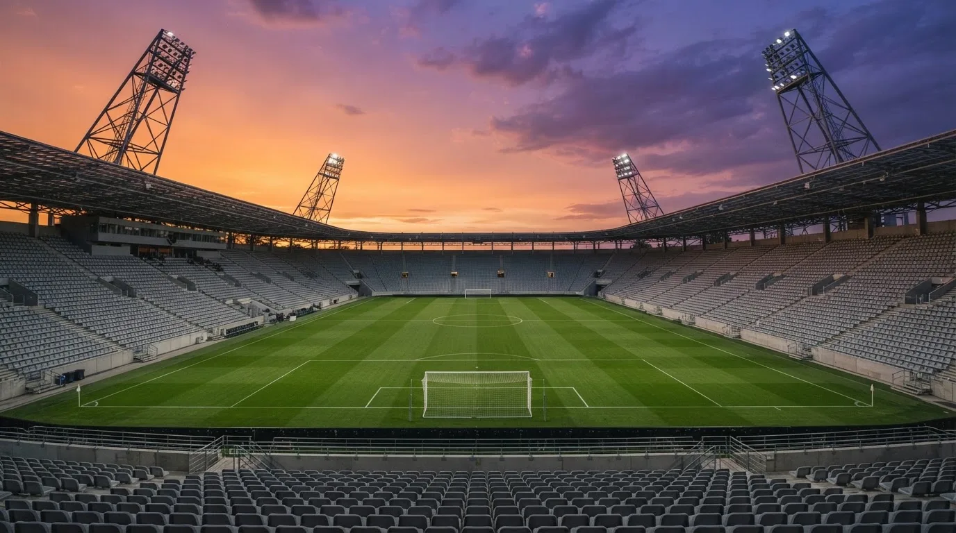 Un estadio de fútbol vacío con torres de iluminación al atardecer