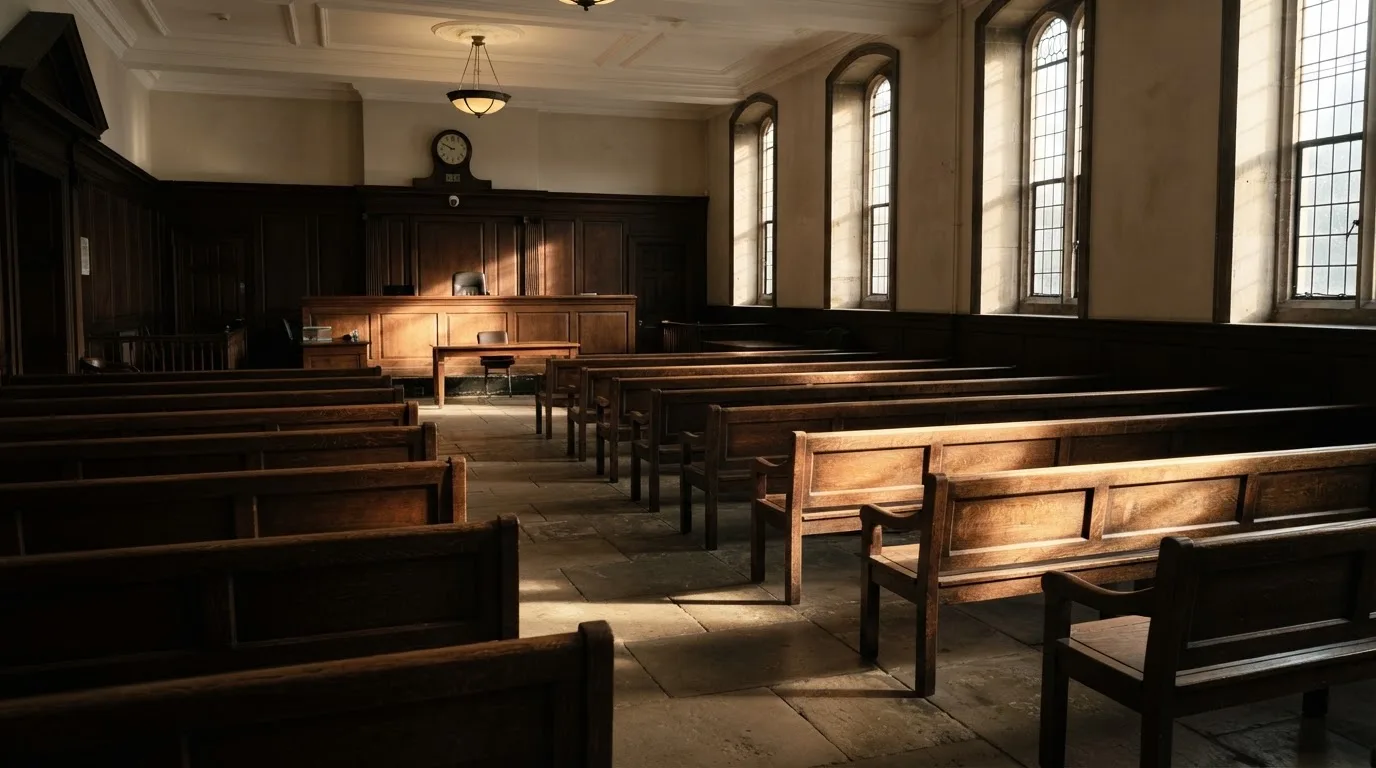 Una sala de tribunal vacía con bancos de madera a la luz de la mañana